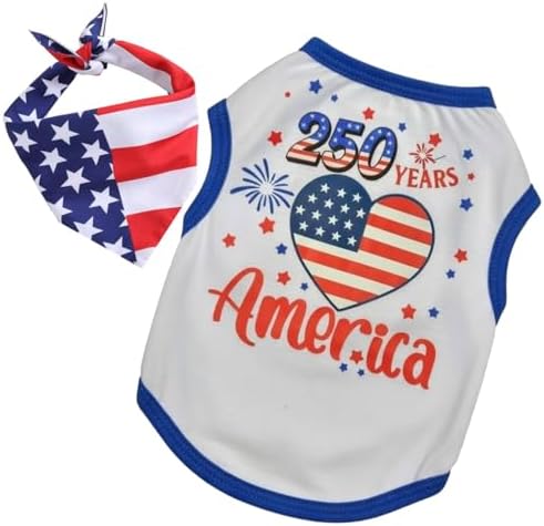 Small Dog America's 250th Anniversary 4th of July Outfit Shirt & Bandanas Pet Cat Clothes White S by KireiSui