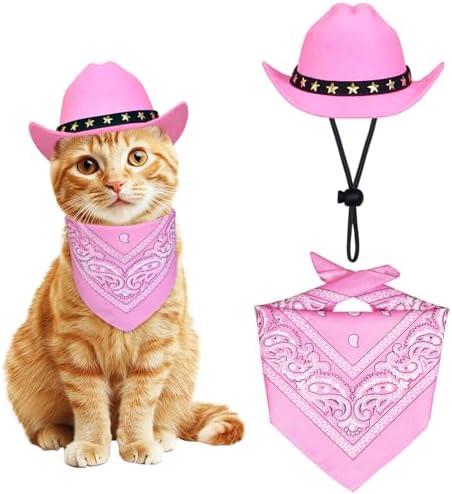 Pet Cowboy Costume, Cat Dog Halloween Costumes Halloween Pet Cat Dog Cowboy Hat with Bandana Scarf for Cats Small Dogs Pets (Pink, Small) by Unknown
