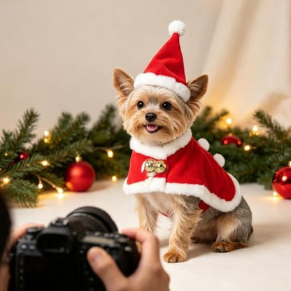 NAMSAN Pet Christmas Costume for Cats Small Dogs Rabbits, Santa Cat Hat with Red Cloak, Small Dog Xmas Hat Coat, Red Christmas Cat Outfit for Holiday Party Cosplay Statue Decoration - Image 2