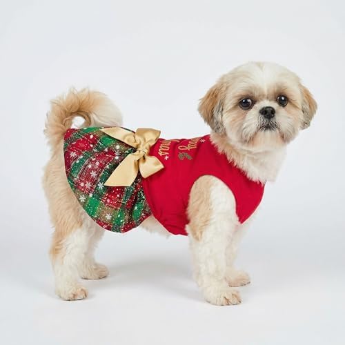 Fitwarm Merry Woofmas 100% Cotton Dog Christmas Outfits Girl Dog Holiday Dress Lightweight Doggie Costume Puppy Clothes Pet Apparel with Bowknot Cat Clothing Red XXS - Image 3