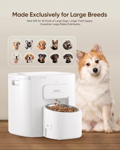 Dokoo Automatic Dog Feeder for Large Breeds, 15L/63 Cups Vacuum-Sealed Airtight Auto Pet Feeder for Dry Food, Timed Feeding, Anti-Clog Dispenser 2-22mm Kibble, Voice Recorder, Stainless Steel Bowl
