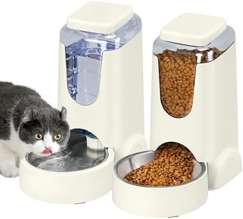 2 Pack Automatic Cat Feeder and Stainless Steel Water Dispenser, Gravity Dog Waterer Set Food Feeder and Waterer Set for Small Medium Kitten Puppy Pets (1 Gallon x 2, Ivory White)