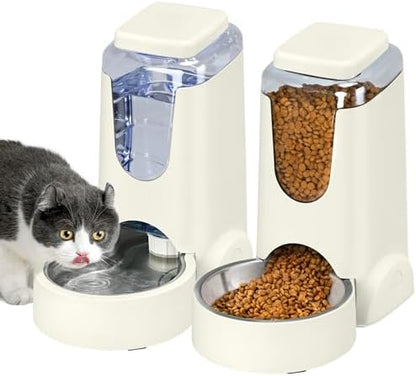 2 Pack Automatic Cat Feeder and Stainless Steel Water Dispenser, Gravity Dog Waterer Set Food Feeder and Waterer Set for Small Medium Kitten Puppy Pets (1 Gallon x 2, Ivory White)
