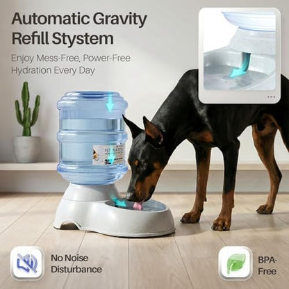 Flexzion Automatic Pet Feeder & Waterer Set of 2 Pack, Self Feeding Replenish Dog Cat Bowls, Gravity Food & Water Storage Container Fountain Jug Pet Supplies Plastic Skid Proof Rubber Feet (3 Gallon)
