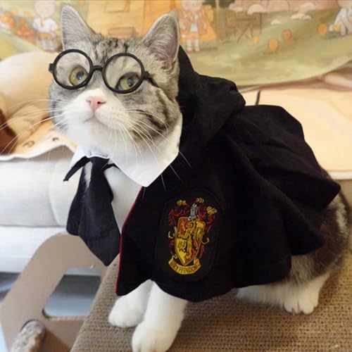 Dog Halloween Magician Costume Set, Cat Wizard Cloak with Hood, Tie & Glasses, Pet Cosplay Outfit for Halloween Party, Puppy Witch Costume for Small Dogs (Red and Black, Small) - Image 2