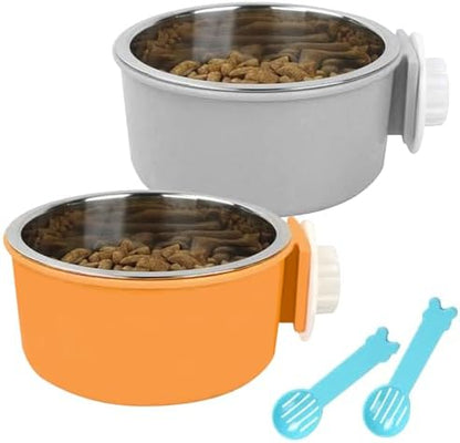 Hamiledyi 2-Pack Hanging Dog Bowls with Removable Stainless Steel Feeder - Spill-Proof Crate Bowls for Kennel/Cage, Puppy to Medium Dogs, Cats, Rabbits & Guinea Pigs (Durable Pet Food & Water Dishes)