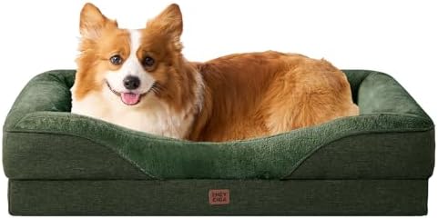 EHEYCIGA Orthopedic Dog Bed for Medium Dog, 35x22x6.5 Inch Memory Foam Dog Couch Bed with Sides, Waterproof Liner & Washable Removable Cover, Bolster Pet Sofa, Dark Green