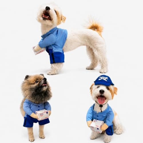 Postman Blue Pet Halloween Costume, Plush Parcel and Postman Hat - Small to Medium-Large Breed Funny Clothes Outfit Apparel (Small) - Image 2
