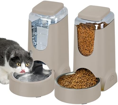 2 Pack Automatic Cat Feeder and Stainless Steel Water Dispenser, Gravity Dog Waterer Set Food Feeder and Waterer Set for Small Medium Kitten Puppy Pets(1 Gallon x 2, Brown)