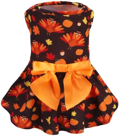 PUPTECK Thanksgiving Dog Dress with Bowtie, Orange Turkey Pumpkin Print, M by PUPTECK