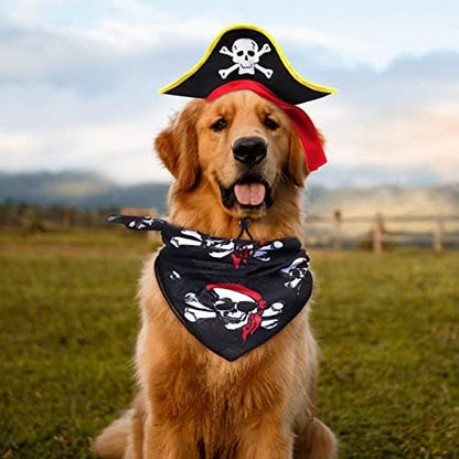 2 Pieces Skull Print Pet Pirate Hat with Pirate Skull Bandana Dog Cat Captain Cap Halloween Pirate Cosplay Costume Halloween Party Hat Dress Up Costume Accessories (B) One Size - Image 6