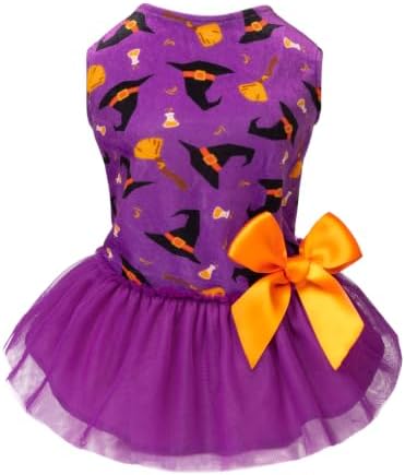 Fitwarm Witch Hat Halloween Dog Tutu Dress, Spooky Halloween Costumes for Small Girl Dogs, Funny Pet Outfit, Black, Purple, Orange, Medium by Fitwarm