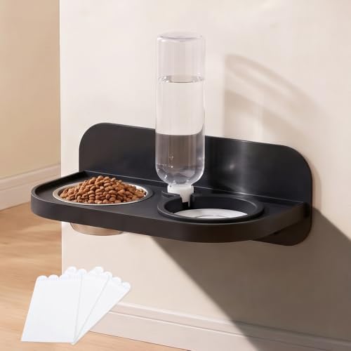 Dog Cat Bowls Wall Mounted Stainless Steel 2 in 1 Feeding Bowl, Automatic Refill Water Dispenser Anti Spill Design for Small Kittens Pet Puppies, Black