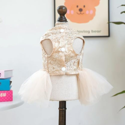 Handmade Floral Dog Dress with Bow, Princess Lace Pet Dress for Small Dogs and Cats, Lightweight Puppy Outfit N-Champagne Large - Image 2