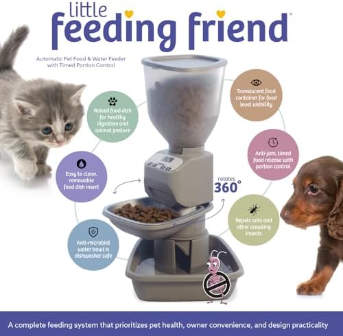 Feeding Friend® Automatic Dog & Cat Food Feeder with Water Dispenser, Portion Control, OLED Display, Anti-Jam Design, Battery Operated, for Pets 4–15 lb, Taupe