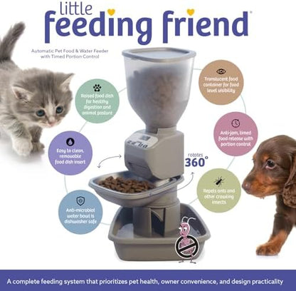 Feeding Friend® Automatic Dog & Cat Food Feeder with Water Dispenser, Portion Control, OLED Display, Anti-Jam Design, Battery Operated, for Pets 4–15 lb, Taupe