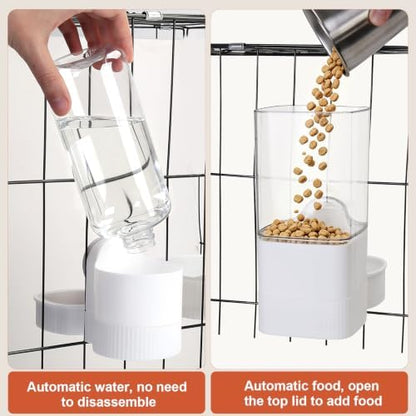 Hanging Cage Auto Small Pet Feeder Waterer Set for Puppy Cats, White