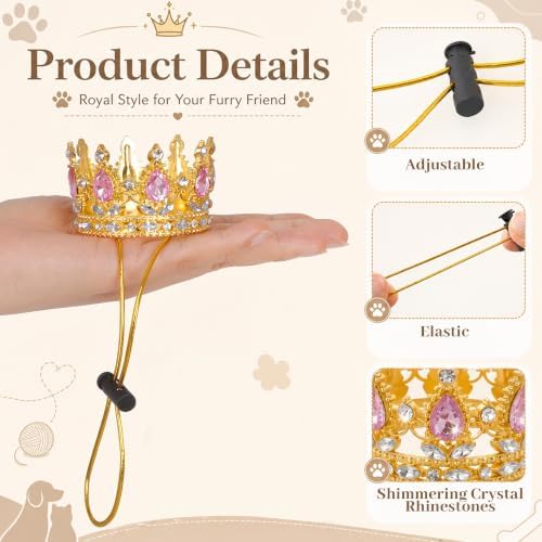 Dog Rhinestone King Crown Pet Queen Crown for Birthday Halloween Costumes (Pink, Gold, Small) - Image 3