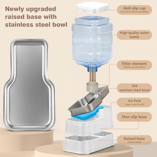 1.6 Gallon Pet Automatic Dog Water Dispenser Cat Gravity Waterer Feeder with Stainless Steel Bowl 8L Large Capacity Puppy Feeding Raised Bowls with Filter,Ice Pack (White, 6L(1.6 Gallon))