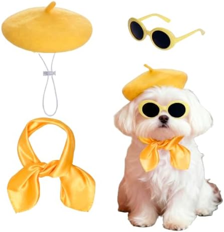 Dog Beret Set Including Dog Beret Satin Scarf Funny Glasses Pet French Artist Beanie for Small Dogs Cats Halloween Christmas Cosplay Party (Yellow) by Haakong