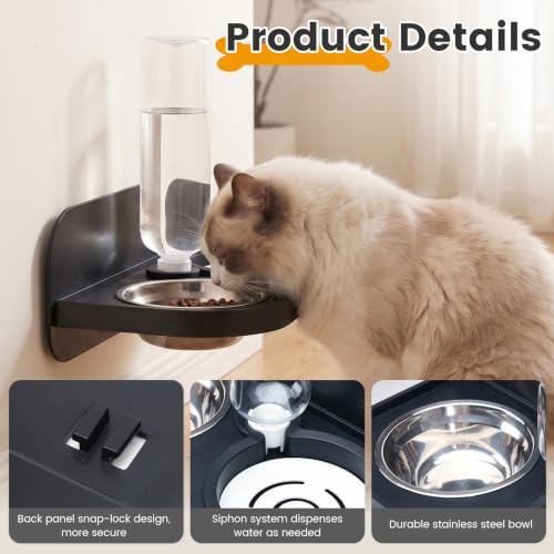 Dog Cat Bowls Wall Mounted Stainless Steel 2 in 1 Feeding Bowl, Automatic Refill Water Dispenser Anti Spill Design for Small Kittens Pet Puppies, Black