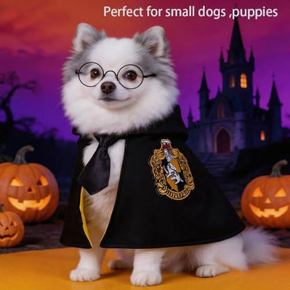 Dog Halloween Magician Costume Set, Cat Wizard Cloak with Hood, Tie & Glasses, Pet Cosplay Outfit for Halloween Party, Puppy Witch Costume for Small Dogs (Yellow, Medium) - Image 2