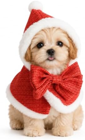 Christmas Pet Costume Santa Cape, Christmas Cat Costume & Dog Christmas Costume for Cats and Small Dogs, Plush Santa Hooded Pet Clothes with Red Cape White Fur Trim, Holiday Cosplay, Medium by Unknown
