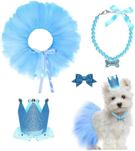 Dog Birthday Party Supplies Dogs Cats Birthday Costume Set Blue Tutu Skirt Dog Cat Birthday Hat Necklace for Puppy Dog Halloween Birthday Wedding Party Costume (Blue) by Gvhntk
