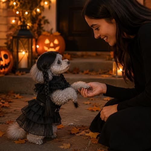 3 Pcs Halloween Dog Dress Costume with Belt Wig, Black Cute Pet Costume (M) - Image 5