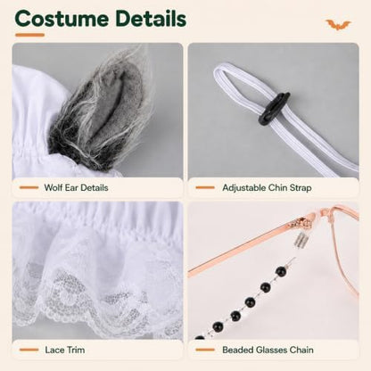 3 Pcs Dog Wolf Costume, Mop Cap Pearl Necklace Granny Glasses - Image 3