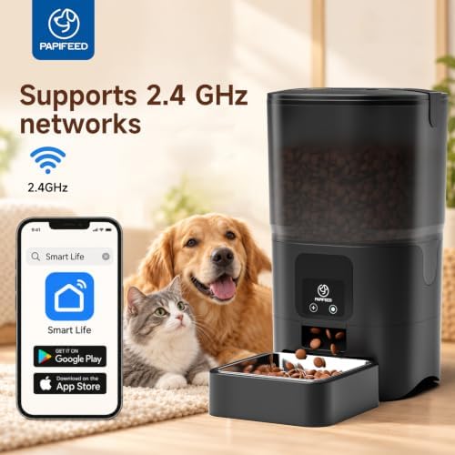 PAPIFEED Automatic Cat Feeder with App, WiFi Auto Cat Feeder, 6L Slow-Feed Cat Food Dispenser for Dry Food, Dual Power Supply Timed Pet Feeder for Small Dog, 10 Meals/Day, 12 Portions/Meal, Black