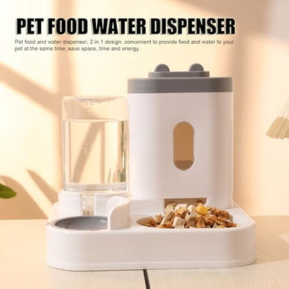 Automatic Cat Feeder and Water Dispenser Set, Pet Food Water Dispenser, Automatic Dog Feeder and Dog Water Dispenser, 2 in 1 Large Capacity Detachable Automatic Cat Waterer Feeder for Dog Puppy (Grey)