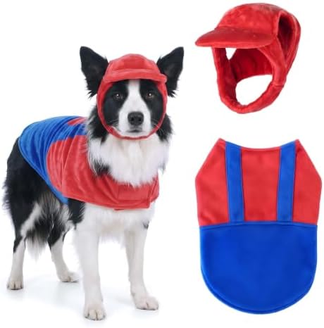 Dansydaisy Dog Halloween Costume Set Funny Red Overalls Outfit with Hat Retro Buddy Themed Dog Clothes for Cosplay Party(X-Large) by Dansydaisy