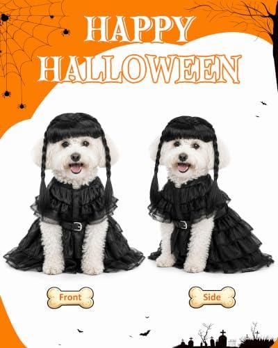 Dog Halloween Costume with Braided Wig, Gothic Black Tulle Dress and Belt Set for Small Medium Dogs, Creepy Cute Pet Cosplay Outfit for Puppy Cats, Spooky Party Apparel - Image 2