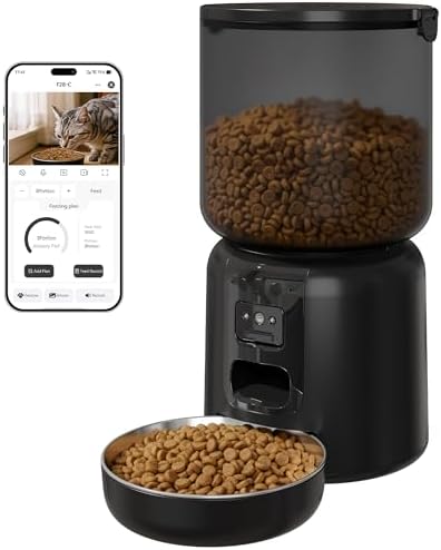 Fansafurn Automatic Cat Feeder with 2K HD Camera, Automatic Dog Feeder with App Control via 2.4G/5G WiFi, Dual Power System & Voice Recording, 4L Food Dispenser for Cats and Small Dogs, Black