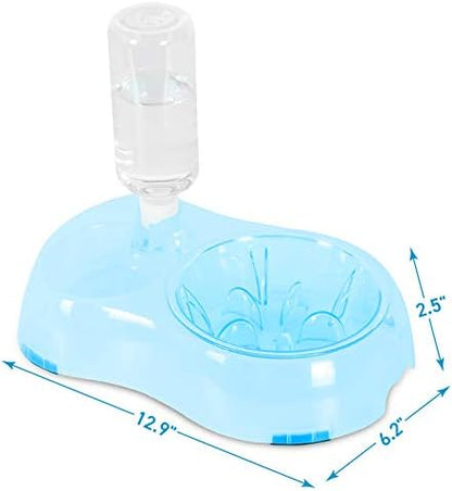 Slow Feeder Bowl, Elevated, Double Transparent for Cats, Small Dogs, Pet Automatic Water Feeder with Water Bottle