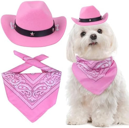 Yewong Pet Cowboy Costume Accessories Dog Cat Pet Size Cowboy Hat and Bandana Scarf West Cowboy Accessories for Puppy Kitten Party Festival and Daily Wearing Set of 2 (Pink) by Yewong