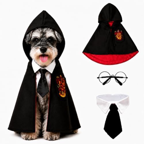 Small Dog Halloween Costumes - Adjustable Dog Wizard Costume,Pet Hooded Cape Glasses Necktie Set,Funny Halloween Costumes for Small Medium Dogs Boy Girl,Black Red Pet Magician Cosplay Outfits by WizBBQT