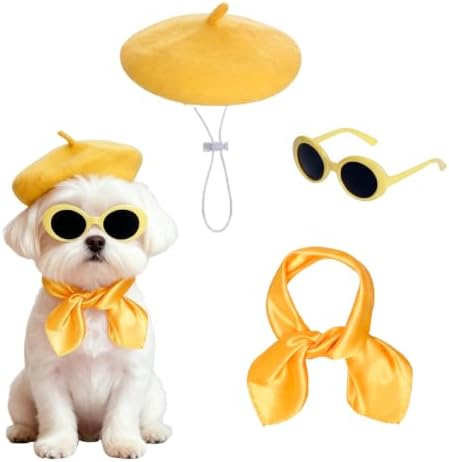 Dog Beret Scarf Glasses Pet French Beanie for Small Dogs(Yellow, Small) by hoyuwak