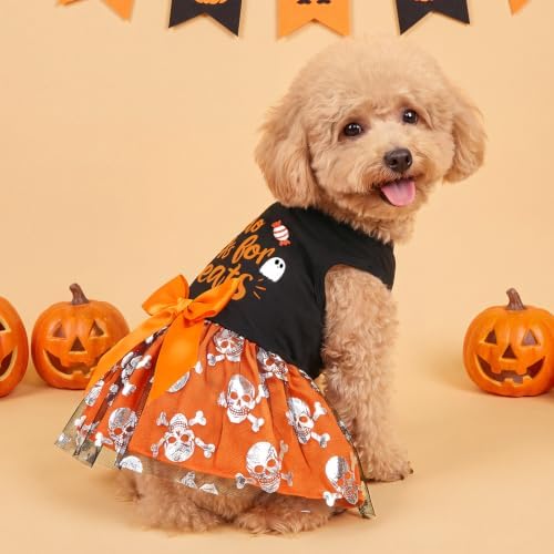 XPUDAC Halloween Dog Dress Costumes for Small Dogs Girl Tulle Dress Dog Clothes Skull Holiday Pet Costume Cat Outfits, Orange-Large - Image 4