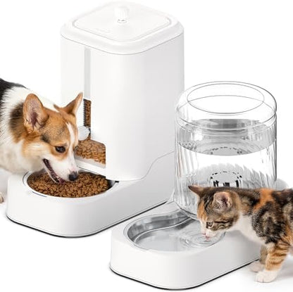 JUNSPOW Automatic Cat Feeder Water Dispenser Set with Stainless Steel Bowls