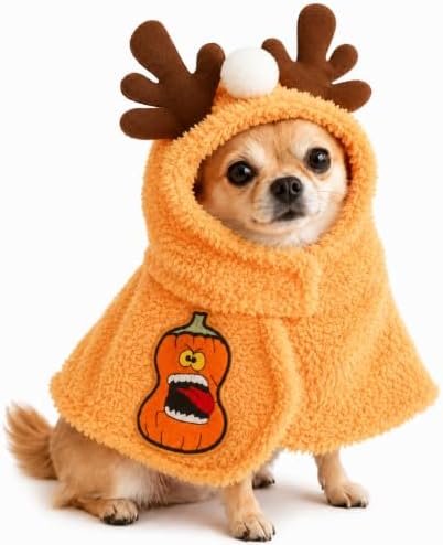 Funny Halloween Dog Costume with Reindeer Hood, Cute Pet Cape for Cats and Small Dogs, Soft Plush Pet Halloween Costume for Trick or Treat, Cosplay, Holiday Party, Orange, Medium by Unknown