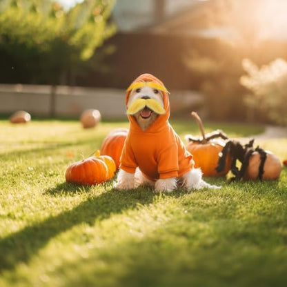 Huhumy Halloween Orange Costume for Dogs, M, Hoodie, Mustache and Eyebrows - Image 3