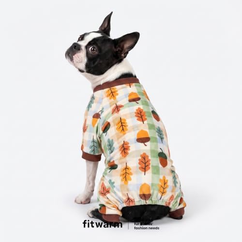 Fitwarm Acorn & Leaves Plaid Fleece Dog Pajamas, Thanksgiving Outfit for Small Dogs Boy Girl, Festive Pet Clothes, Funny Doggy Onesie, Brown, Orange, Green, Medium - Image 2