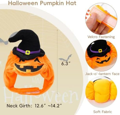 Dog Halloween Costume Pumpkin Outfit for Cats & Small Medium Dogs Plush Pumpkin Back Costume with Witch Hat Headwear Funny Cat Cosplay Apparel for Halloween Party L - Image 2