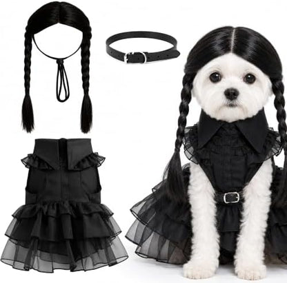 3 Pcs Halloween Dog Dress Costume with Belt Wig, Black Cute Pet Costume (M) by Unknown