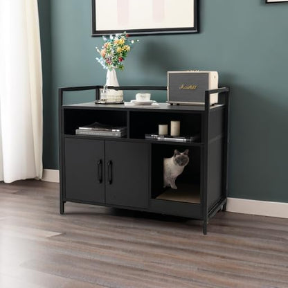 Giantex Cat Litter Box Enclosure - Cat Washroom Hidden Furniture with Front Entry, Scratcher, 2-Door Storage Cabinet, 2 Compartments, Air Vents, Metal Frame, Wooden Pet Crate House (Black)