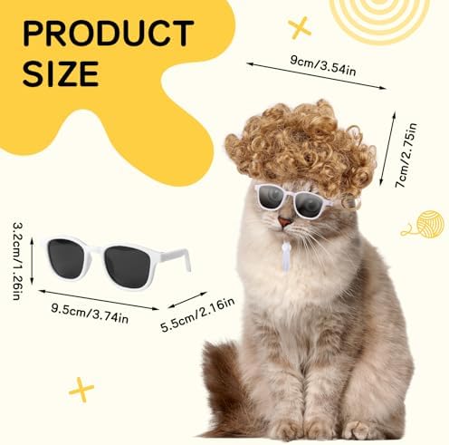 HOWWFALY Cat Apparel Cat Gold Afro Wig with White Small Glasses Styling Cute Funny Pet Hair Accessories Decoration for Halloween, Christmas, Parties - Image 4