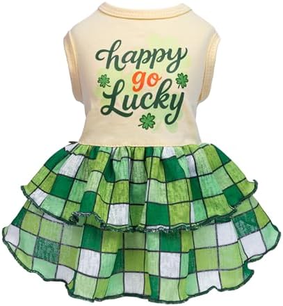 Fitwarm Happy Go Lucky Dog Dress, St Patricks Day Dog Clothes for Small Dogs Girl, Funny Pet Outfit, Green, Light Yellow, XXS by Fitwarm