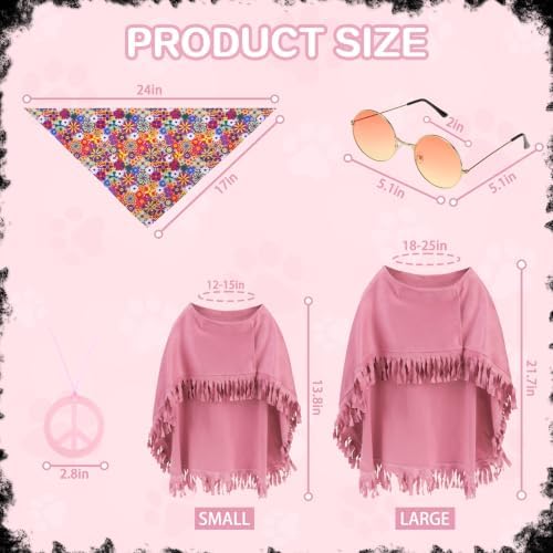 PAWCHIE Halloween Dog Hippie Costume Set 60s 70s, Pet Costume Accessories Includes Hippie Fringed Cape Bandana Glasses and Peace Necklace, Adjustable Boho Pet Outfit for Large Dogs Party Photo, Pink L - Image 5